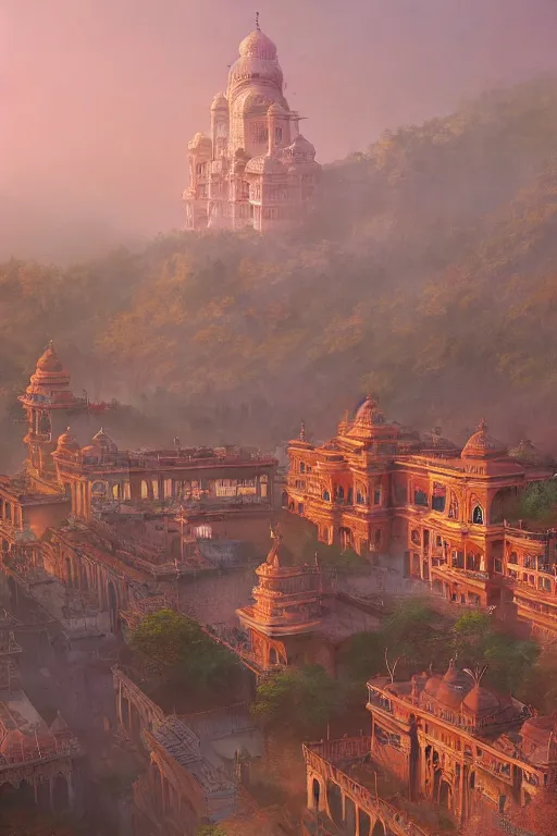 Prompt: old indian city with a breathtaking view of a magnificent maharajah palace at pink dawn, intricate, elegant, volumetric lighting, digital painting, highly detailed, artstation, sharp focus, illustration, concept art, ruan jia, steve mccurry