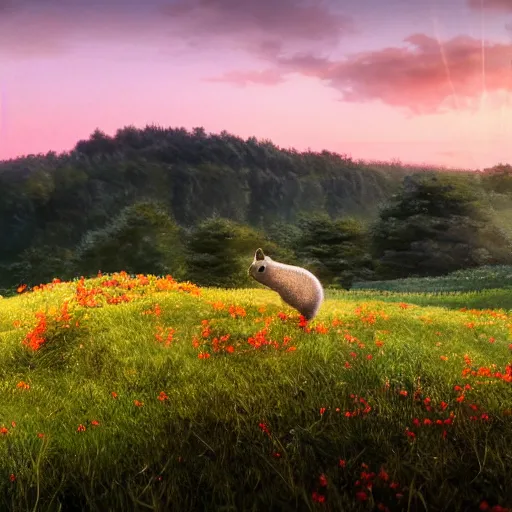 Image similar to a still from a ghibli movie, of a hilly flower meadow at twilight, with a badger