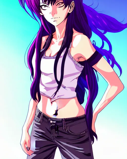 Image similar to style of madhouse studio anime, black lagoon manga, loish, artgerm, comic art, portrait of revy from black lagoon, symmetrical eyes and symmetrical face, jean shorts, white tank top, purple hair, sarcastic evil smirk on face, sky and ocean background