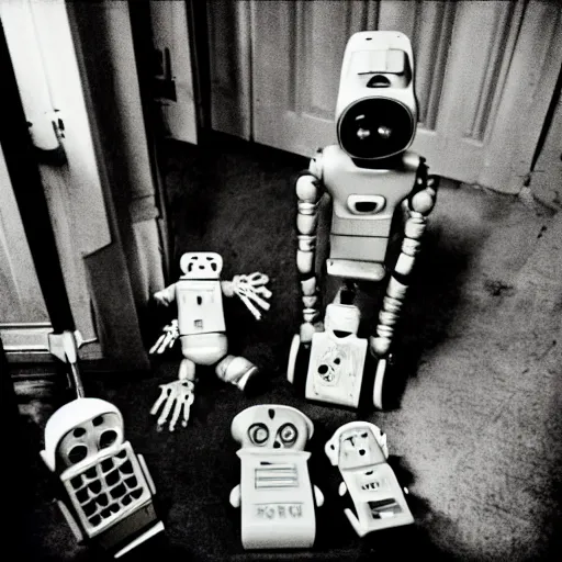 Prompt: the most creepy family photo of robots, 35mm lens, post apocalyptic, sadness, depression, screaming, crying, a dumping ground