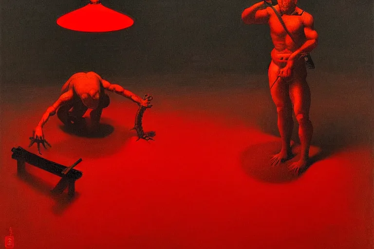 Image similar to only with red, a red samurai do seppuku, tokio, a lot of frogs watch, in the style of beksinski, parts by edward hopper, parts by rodcenko, parts by yue minjun, intricate and epic composition, red by caravaggio, insanely quality, highly detailed, masterpiece, red light, artstation, 4 k