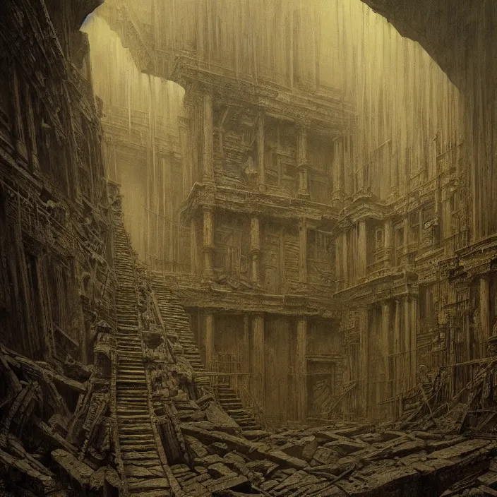 Prompt: piranesi's chamber, horror, dark, by piranesi and greg rutkowski, by zdzisław beksinski, hyper detailed, hd, 8 k