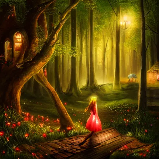 Image similar to realist painting, high detail, woodland village, in the night, fantasy, crescent moon, luminous, toadstools, fireflies, fantasy, mist, highly detailed painting, fine lines, light rays, attractive woman fairy, 8 k realistic, sharp focus