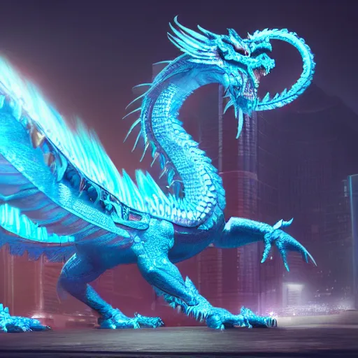 Image similar to a concept art of a whole cyan chinese dragon, highly detailed, cyberpunk style, 4 k, artstation, digital art, rendered in unreal engine, soft illumination.