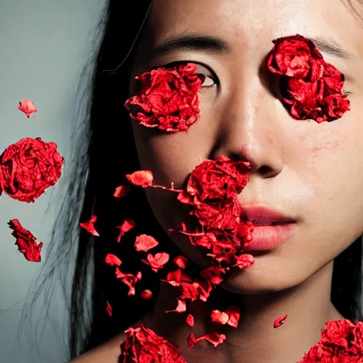 Image similar to made by naoto hatorri, beautiful woman covered in tiny rose petals, closeup portrait shot, hyper - detailed, 4 k concept art, smooth, sharp focus. - h 7 6 8