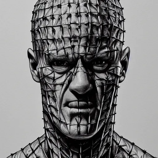 Image similar to drawing of john cena as pinhead from hellraiser, pencil drawing, ultra realistic, intricate details, black and white, hd, 8 k, artstation