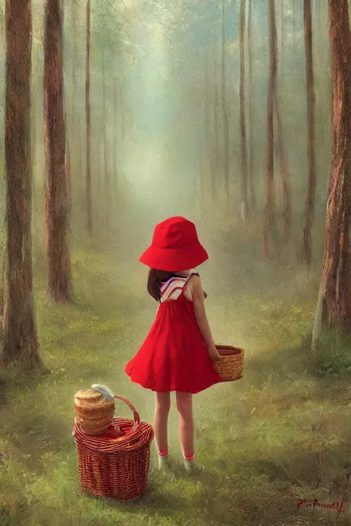 Prompt: a little girl in red hat with a picnic basket ,forest,long-shot, by Bruce Pennington and Ross Tran trending on artstation, trending on deviantart