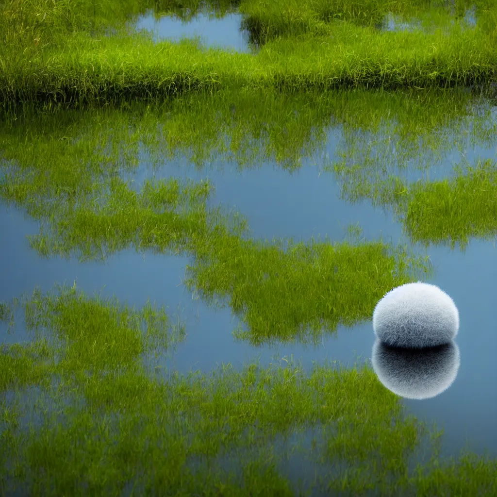 Prompt: a fuzzy orb floating on a pond, calm water, photorealistic, 4 k, detailed, reflection