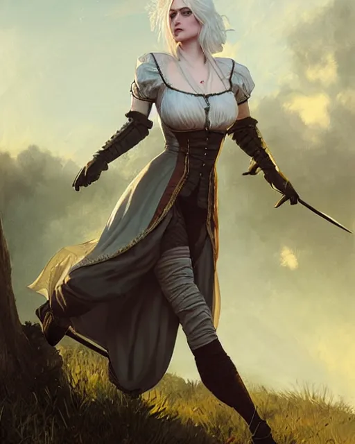 Image similar to Pre-Raphaelite Ciri from Witcher 3 by Artgerm and Greg Rutkowski, sharp focus, sun rays, full body, wearing haute couture by schiaparelli, intricate, elegant, highly detailed, digital painting, pale