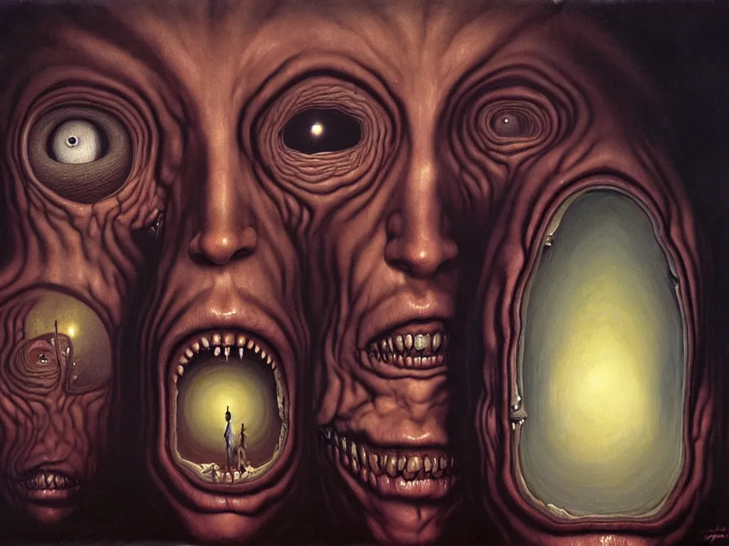 Image similar to a face split in two, one side furious and the other calm, one eye in the middle of the forehead with tears streaming down, large room with faceless beings watching, 4 k, art by jaroslaw jasnikowski