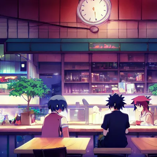 Prompt: makoto shinkai anime art, crowded cafe, typing on laptop, touhou project