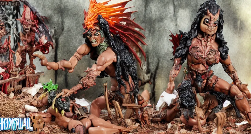 Image similar to craxula, the filipina demon from hell, actionfigure with play set with coffin and graveyard, photorealistic, hdr, 8 k, designed by hasbro mezco and yasushi nirasawa