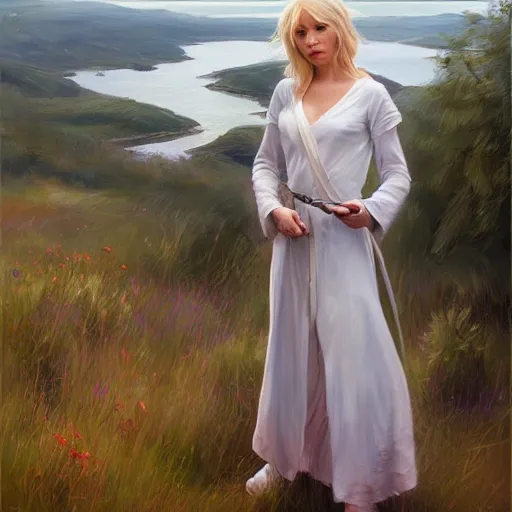 Image similar to blonde female jedi, Swedish countryside, landscape view, archipelago, painting by Vladimir Volegov, wlop, artstation