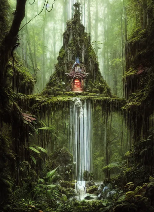 Image similar to a hyper realistic architectural witch shrine under a waterfall in the woods, gorgeous lighting, lush forest foliage, painting by chiara bautista and tom bagshaw, muca beksinski and norman rockwell and greg rutkowski weta studio, and lucasfilm