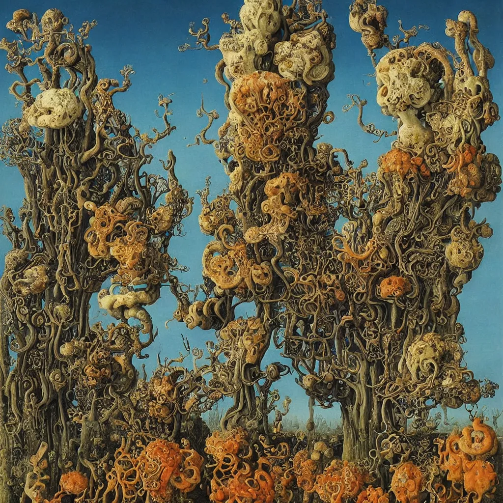 Image similar to a single colorful! ( lovecraftian ) fungus tower white! clear empty sky, a high contrast!! ultradetailed photorealistic painting by jan van eyck, audubon, rene magritte, agnes pelton, max ernst, walton ford, andreas achenbach, ernst haeckel, hard lighting, masterpiece