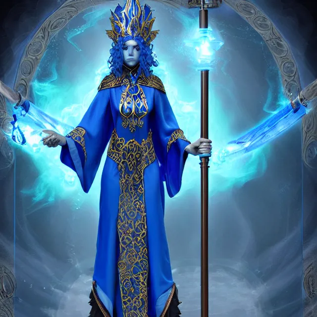Image similar to elemental water witch in ornate blue robes and staff, highly detailed, 8 k, hdr, anne stokes