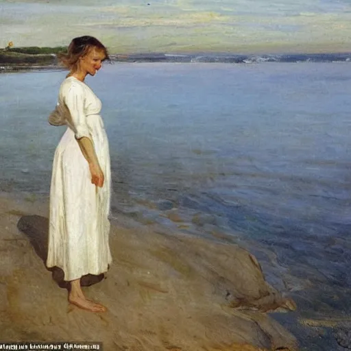 Image similar to a young woman wearing a white dress on a Swedish beach, a small rowboat is visible, in the style of anders zorn