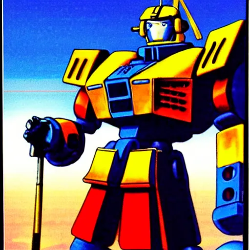 Image similar to a 1 9 8 0 s advertisement displaying a monk piloting a gundam mech suit, highly detailed, sharp focus, hq, post grunge, subtle colors.