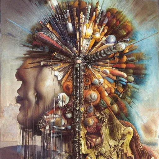 Image similar to an oil painting by arcimboldo, by georgia o keeffe, by botticelli, by giger, by frank frazetta, by gustave moreau, by beksinski, seen through a kaleidoscope, broke mirror, contemporary, brutal, vanity, broken, nerve system, medical, jewels, nebula, space, tonalism, merged, akira