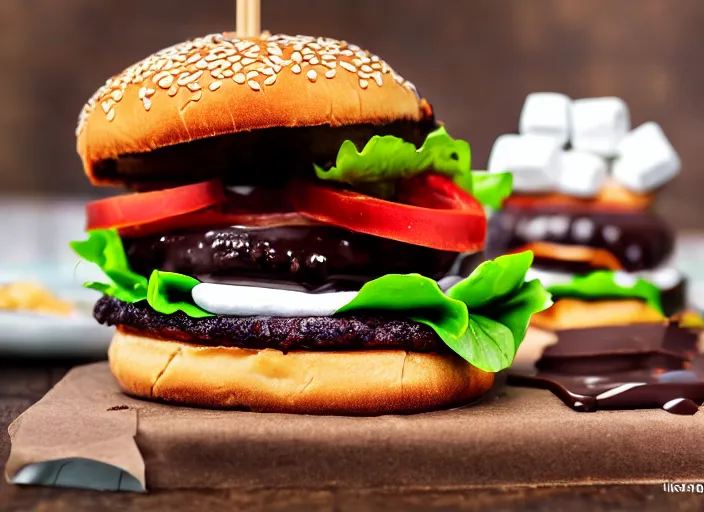 Prompt: dslr food photograph of burger with a layer of marshmallows in it, chocolate sauce, 8 5 mm f 1. 8