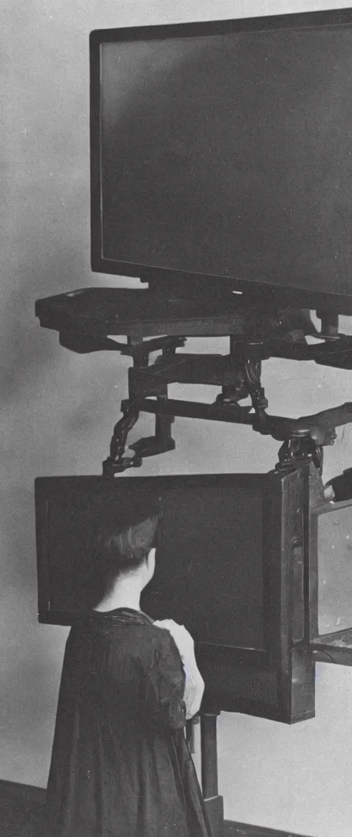 Image similar to 1 9 0 0 s photo of a person watching a flat screen hd tv