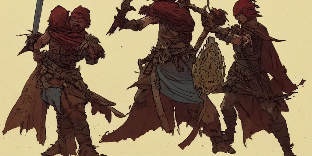 Image similar to warrior character design, idle, colored, sword, sprite, darkest dungeon, pc game, sideview, art by moebius and greg rutkowski.