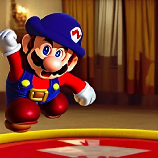 Image similar to Danny DeVito as Super Mario, cinematic, Wide-shot, atmospheric lighting, directed by Quentin Tarantino, movie still