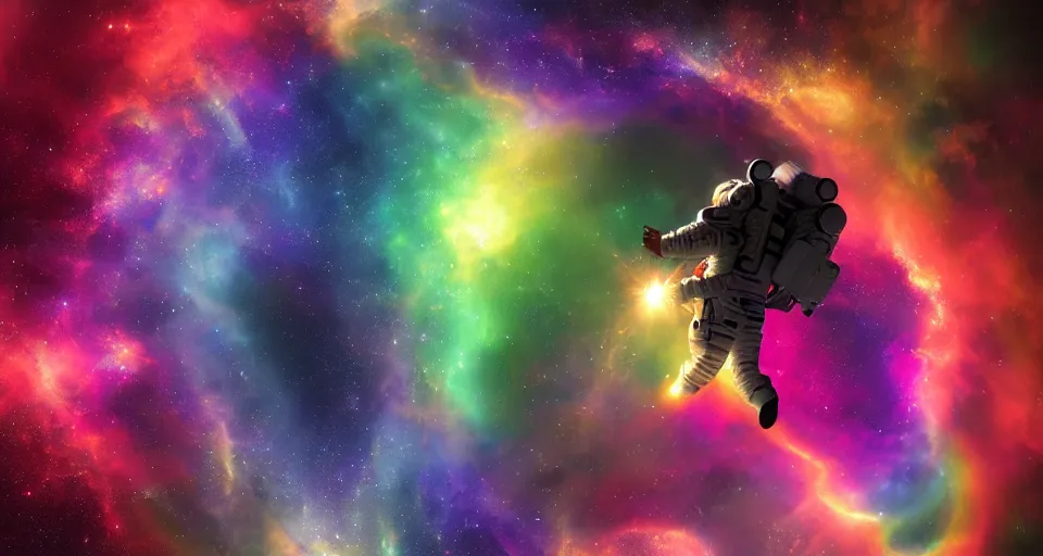 Image similar to Astronaut floating through a rainbow space nebula, hyperdetailed, artstation, cgsociety, 8k