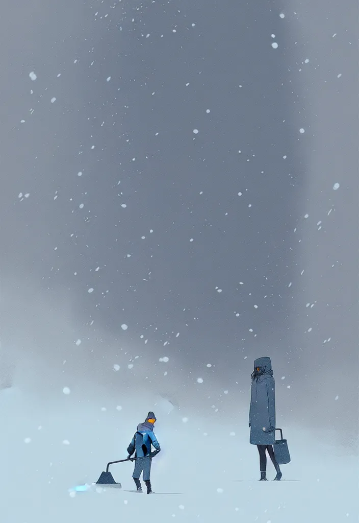 Image similar to by moebius and atey ghailan | a person barely visible shoveling snow in a blizzard |