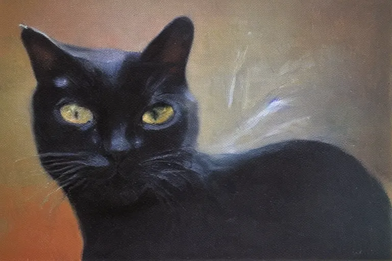 Prompt: pitch black cat made of oil, impressionist oil painting