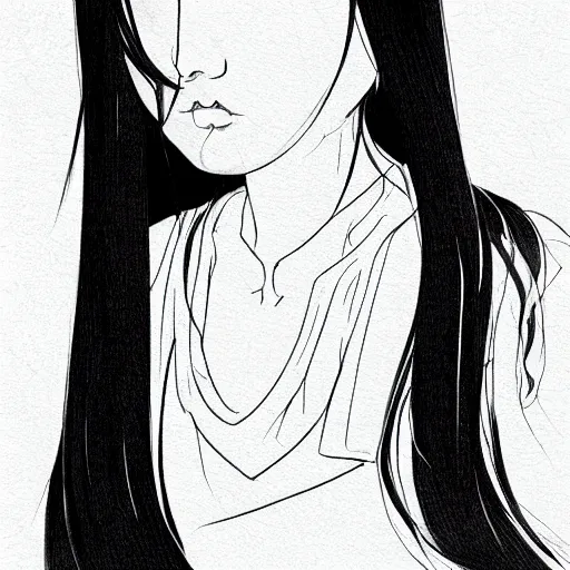 Image similar to portrait of a beautiful korean girl with very long hair and bangs, angular features, angry expression, wearing a black hoodie, in the style of studio trigger, extremely clean lines, anime and manga style, anime concept art