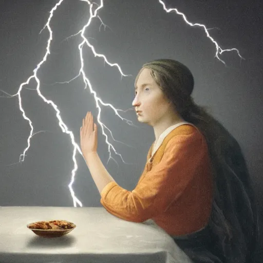 Image similar to a woman sitting a table, holding her palms up, one full of thunder and one full of lightning