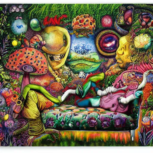 Prompt: psychedelic trippy couch in forest, planets, flowers, mushrooms milky way, sofa, cartoon by giuseppe arcimboldo