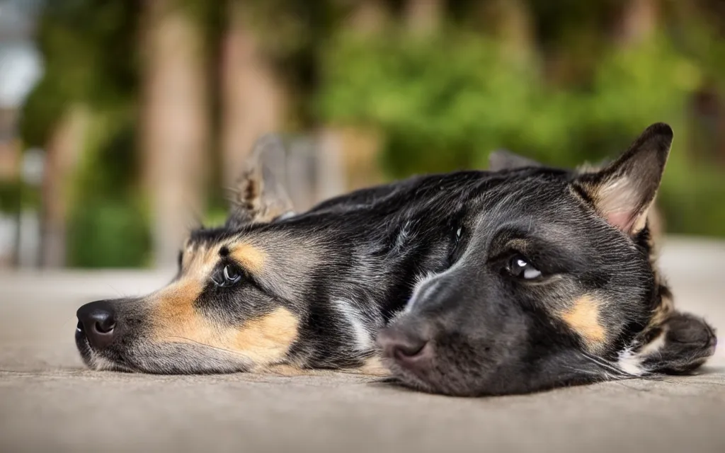 Prompt: Dog cosplaying as a cat, 50mm, low angle shot, good lighting