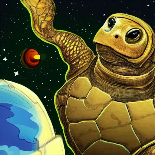 Image similar to a turtle as an astronaut on a space cowboy planet