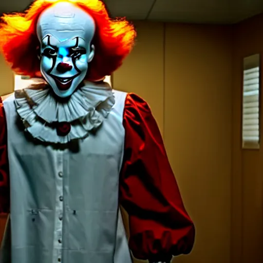 Image similar to a photograph of pennywise wearing a doctor's gown in a hospital, with a lab coat, with a stethoscope, hyperdetailed, intricate, dramatic, horror movie, movie still, 4 k realistic, volumetric lighting, sharp focus, american shot