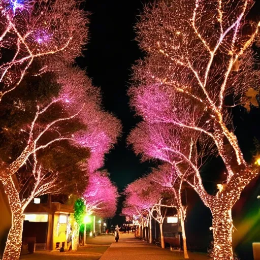 Image similar to beautiful anime tree at night with lots of lights and a tori gate