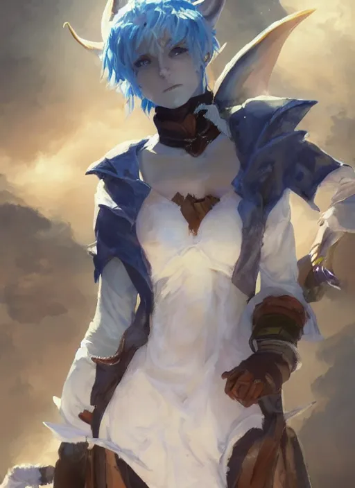 Image similar to concept art painting of a woman with brown skin and short white hair, demon horns, elf ears, full clothing, blue clothes, robes, detailed, cel shaded, in the style of ruan jia and artgerm and makoto shinkai and james gurney