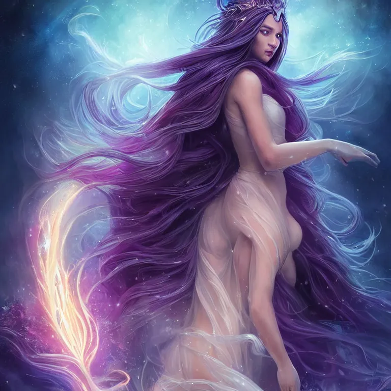 Image similar to beautiful cinematic fantasy poster a full body extreme long shot of a beautiful princess like a disney princess hybrid with flowing illuminated hair, beautiful glowing galaxy eyes, full subject in frame, wideshot ultrawide angle epic scale, hybrid from The Elden Ring and art direction by Darius Zawadzki ;by artgerm; wayne reynolds art station, coherent body and limbs; cinematic quality character render; low angle; ultra high quality model; production quality cinema model;