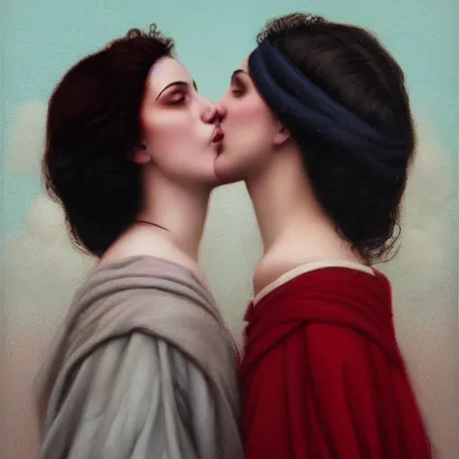 Image similar to two women kissing on the street, tom bagshaw style,