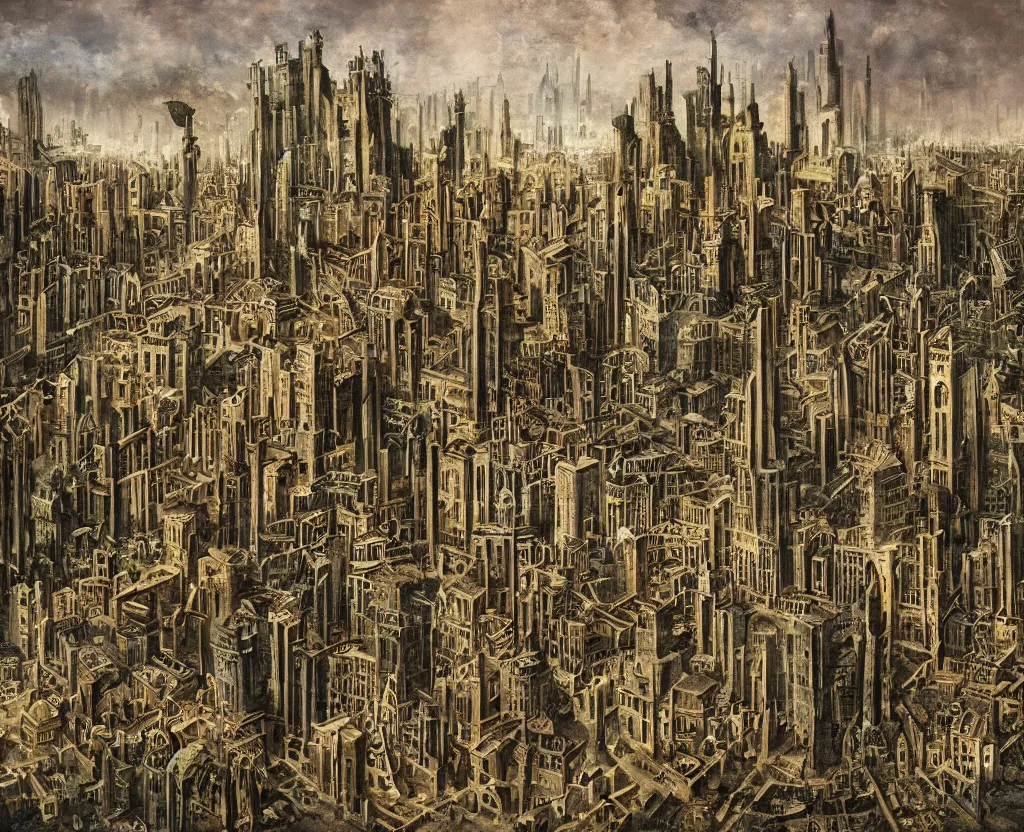 Prompt: a city of archologies in the style of Dystopian gothic surrealism painting