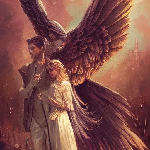 Image similar to angel protecting man, detailed intricate ink illustration, happy atmosphere, detailed illustration, hd, 4k, digital art, overdetailed art, by greg rutkowski, by loish, complementing colors, Trending on artstation, movie poster style