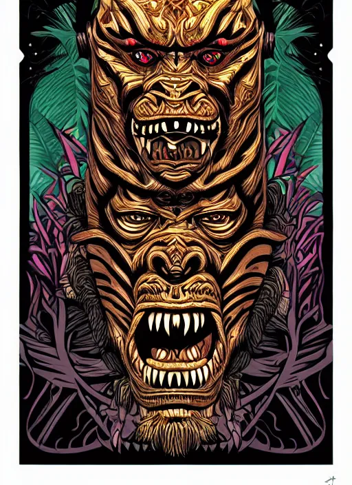 Prompt: barong family member, wiwek, mara demon, lizard tongue, one single tribe member, jungle, one single mask, dark, ancient warrior, gorilla, tribals, art by dan mumford