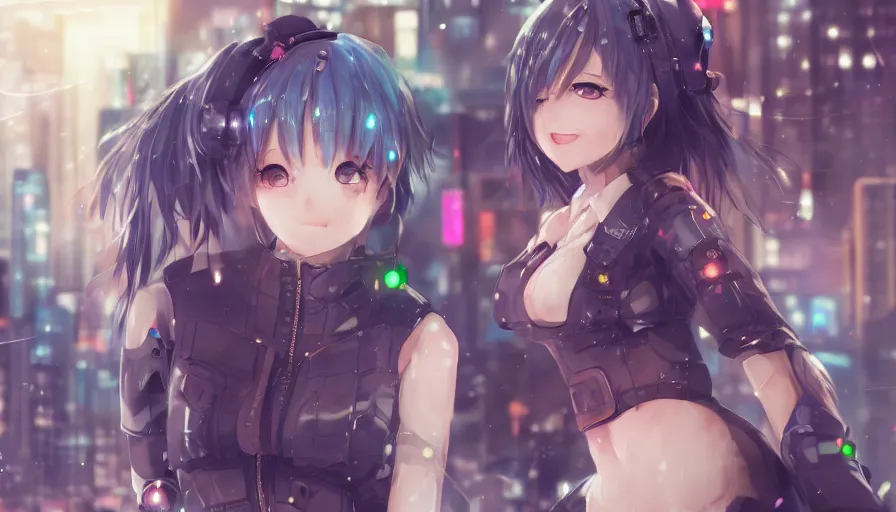 Prompt: cute anime girl in a cyberpunk city by wlop, detailed eyes, heterochromia, bright eyes, closeup, happy expression, laughing, short minidress, light clothing, posing, light rain, hyper real, detailed digital art, idol, photorealistic, trending on art station