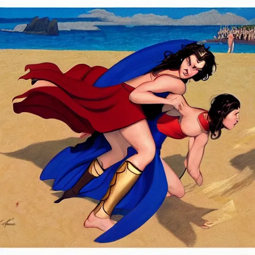 Prompt: padme and wonder woman wrestling at the beach, 8k photo, joe Jusko, artstation, Frank Frazetta