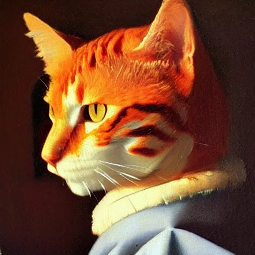 Image similar to an orange cat by jan vermeer, oil painting, highly detailed ， headshot, 8 k