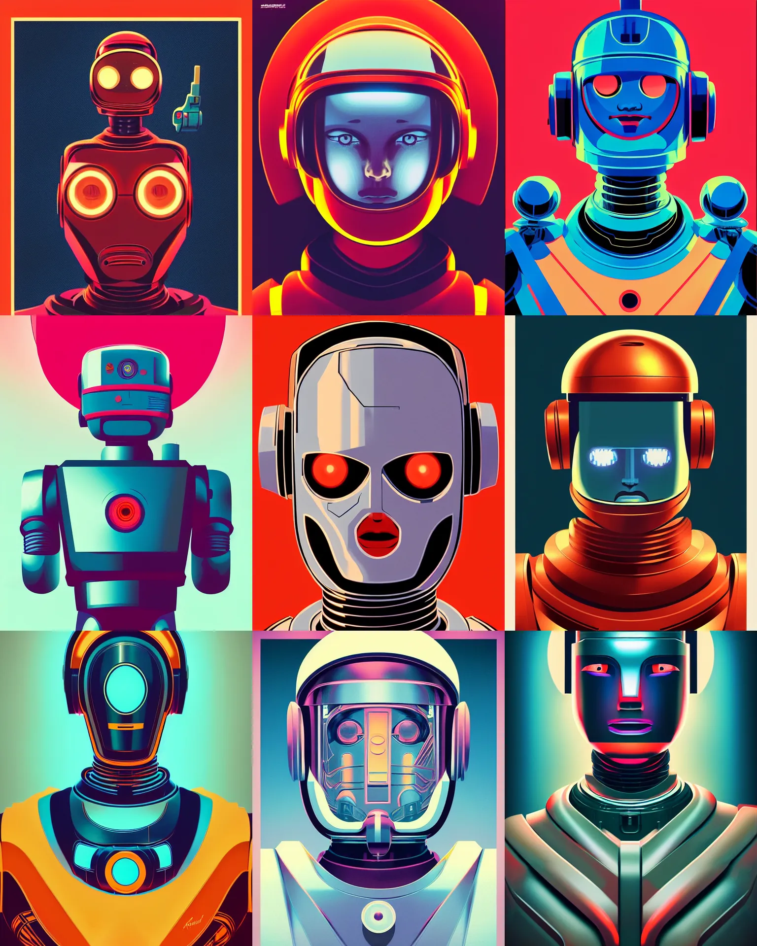 Prompt: robbie the robot, forbidden planet, retro futurism, half portrait by stanley artgerm, dramatic lighting, ilya kuvshinov, trending on artstation, flat colour, geometric curves, gradient filter, pleasing tone colours, art deco patterns