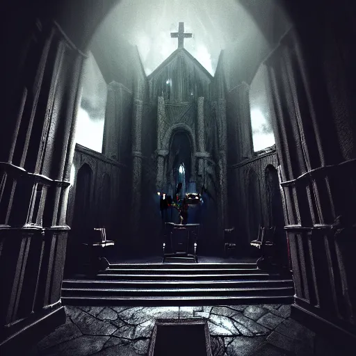 Prompt: perspective view of hell preist church of evil, 35mm photography, dark, fantasy, dramatic lighting, cinematic, epic composition in the style of Castlevania, Dark Souls, Bloodborne, the Witcher 3 Andreas Rocha, final fantasy, no blur