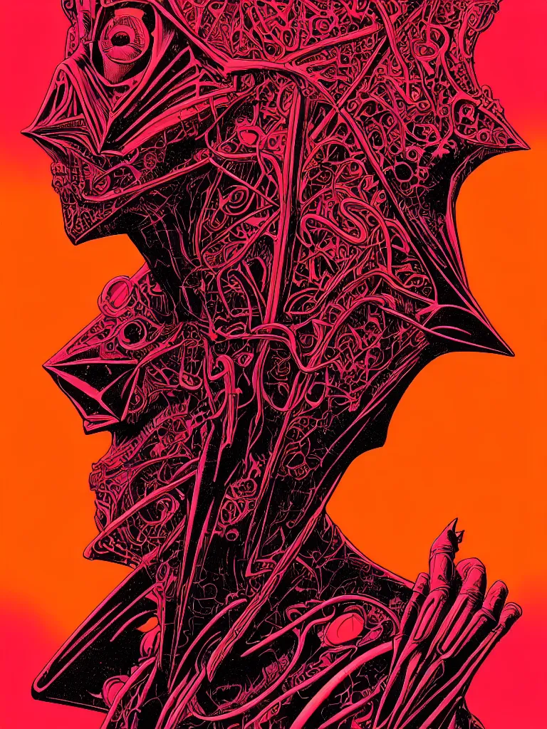 Prompt: portrait of black and neon red complex poster art by dan mumford, moebius, goblinko, richard corben, wayne barlowe, heavy metal comic cover art, psychedelic triangular skeleton, very intricate, thick outline, full body, symmetrical face, long black crown, in a shapes background, galactic dark colors