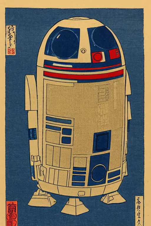 Image similar to Japanese woodblock print of r2d2, hokusai